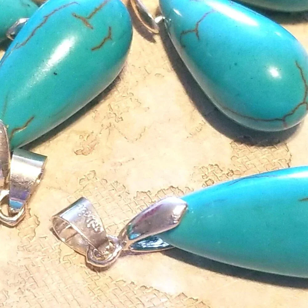 Turquoise Magnesite Teardrop Gemstone Pendant 37x12mm 18K WG Plated Bail 1 pc